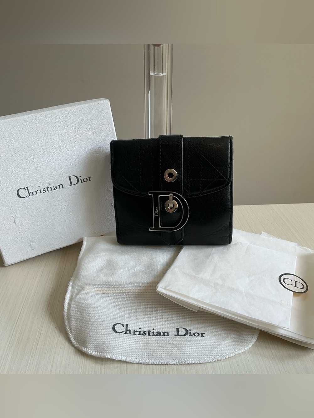 Vintage Christian Dior Black Leather Saddle Wallet D Turn Lock Full Set Box Dust
